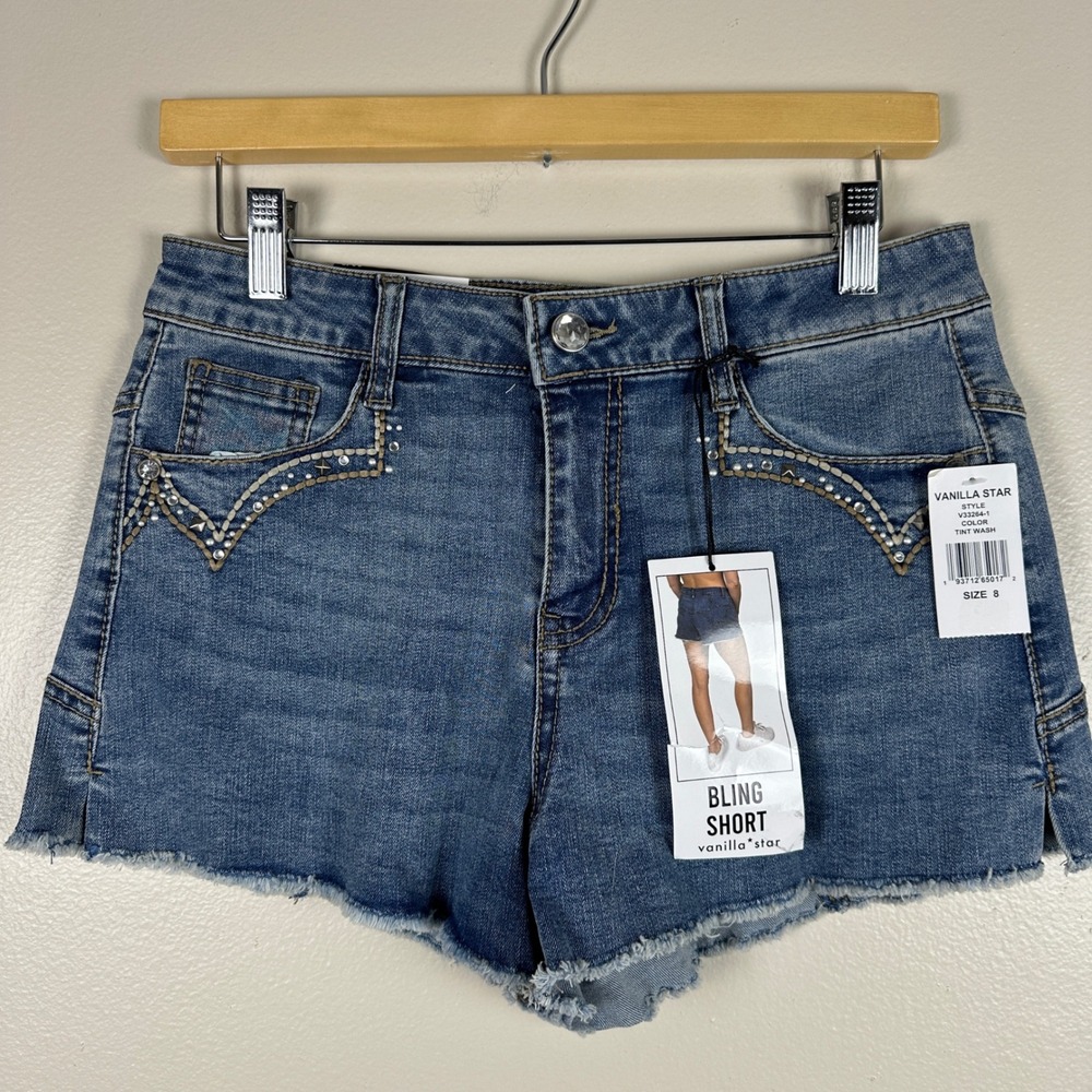 Vanilla Star Women's Size 8 Bling Short Tint Wash Rhinestone Star Back Denim NEW
